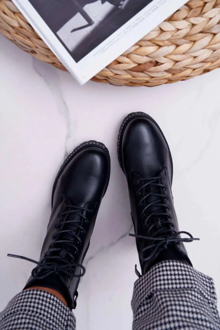 Outlet Boto Botki Damskie Płaski Obcas Wysokie Glany Czarne Hippe