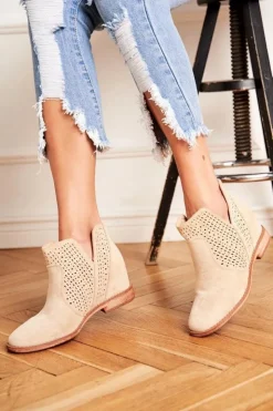 Boto Botki Wiosenne|Brązowe I Beżowe Botki*Botki Damskie Płaski Obcas Zamszowe Ażurowe Jasno Beżowe Shades