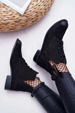 Boto Botki Wiosenne|Botki Sznurowane*Botki Damskie Płaski Obcas Nubuk Czarne Nicole 2420