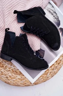 Boto Botki Wiosenne|Botki Sznurowane*Botki Damskie Płaski Obcas Nubuk Czarne Nicole 2420