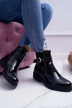 Damskie Boto Botki Damskie Płaski Obcas Ciepłe Lakierowane Czarne Verre