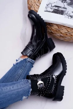 Damskie Boto Botki Damskie Płaski Obcas Ciepłe Lakierowane Czarne Verre