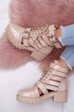 Damskie Boto Botki Damskie Płaski Obcas Wiosenne Lakierowane Beżowe Single