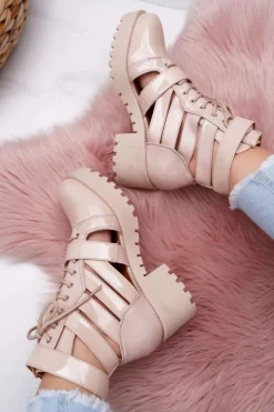 Damskie Boto Botki Damskie Płaski Obcas Wiosenne Lakierowane Beżowe Single