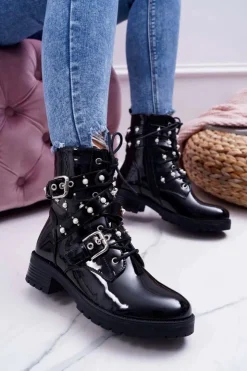 Boto Botki Sznurowane|Botki Zimowe Damskie*Botki Damskie Płaskie Lakierowane Z Perełkami Czarne Domination