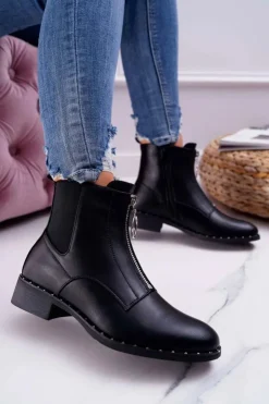 Boto Botki Zimowe Damskie|Botki Płaskie*Botki Damskie Płaskie Ozdobny Suwak Czarne Vermina