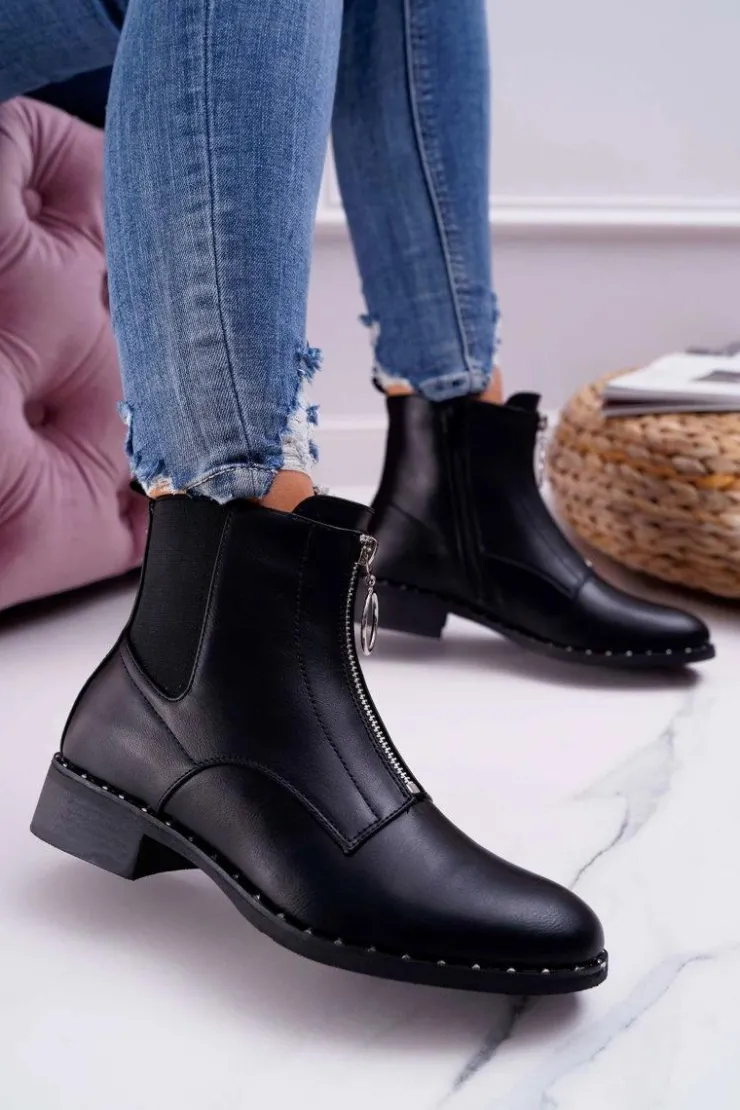 Boto Botki Zimowe Damskie|Botki Płaskie*Botki Damskie Płaskie Ozdobny Suwak Czarne Vermina