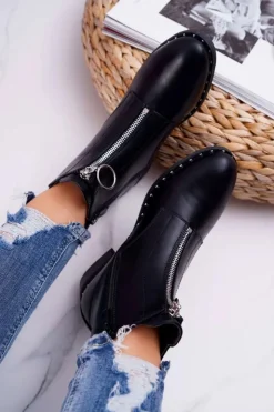 Boto Botki Zimowe Damskie|Botki Płaskie*Botki Damskie Płaskie Ozdobny Suwak Czarne Vermina