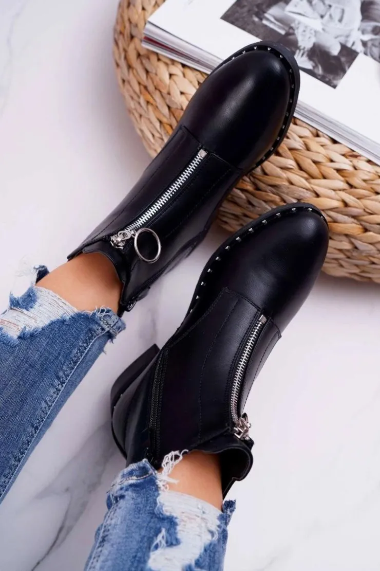 Boto Botki Zimowe Damskie|Botki Płaskie*Botki Damskie Płaskie Ozdobny Suwak Czarne Vermina