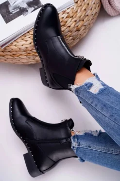 Boto Botki Zimowe Damskie|Botki Płaskie*Botki Damskie Płaskie Ozdobny Suwak Czarne Vermina