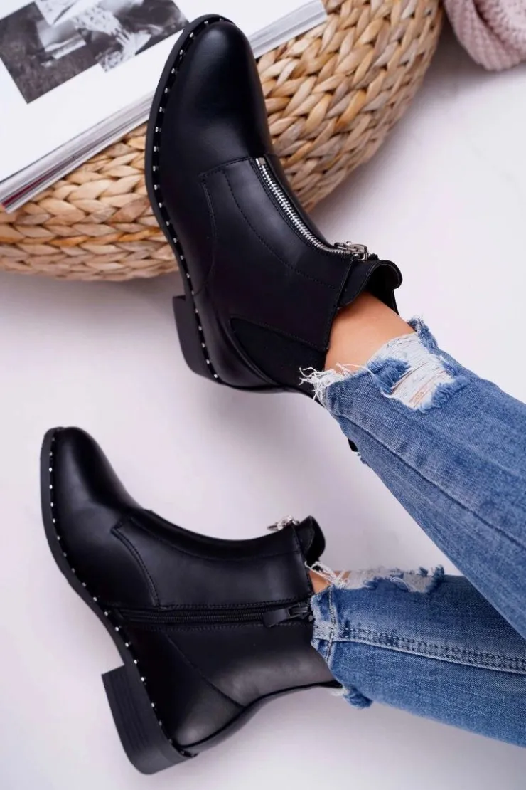 Boto Botki Zimowe Damskie|Botki Płaskie*Botki Damskie Płaskie Ozdobny Suwak Czarne Vermina