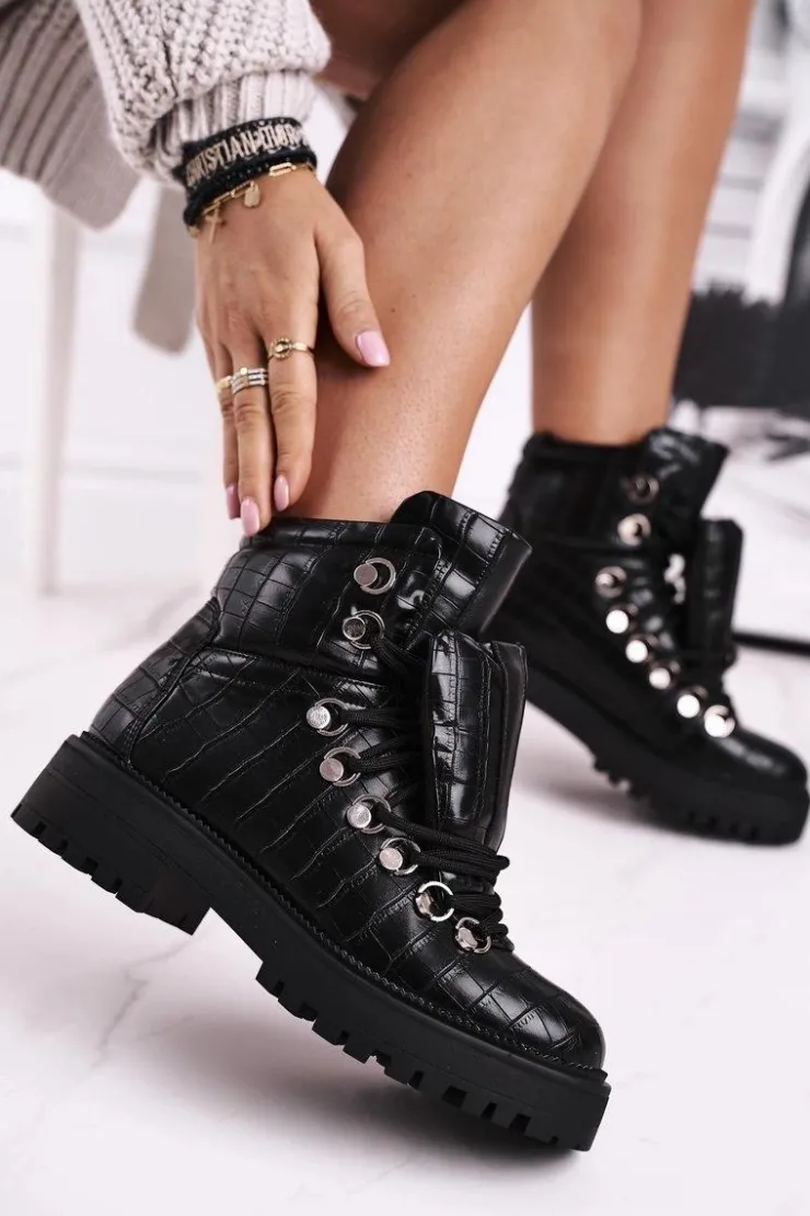 Boto Botki Sznurowane|Czarne Botki*Botki Damskie Płaskie z Językiem Czarne Passa