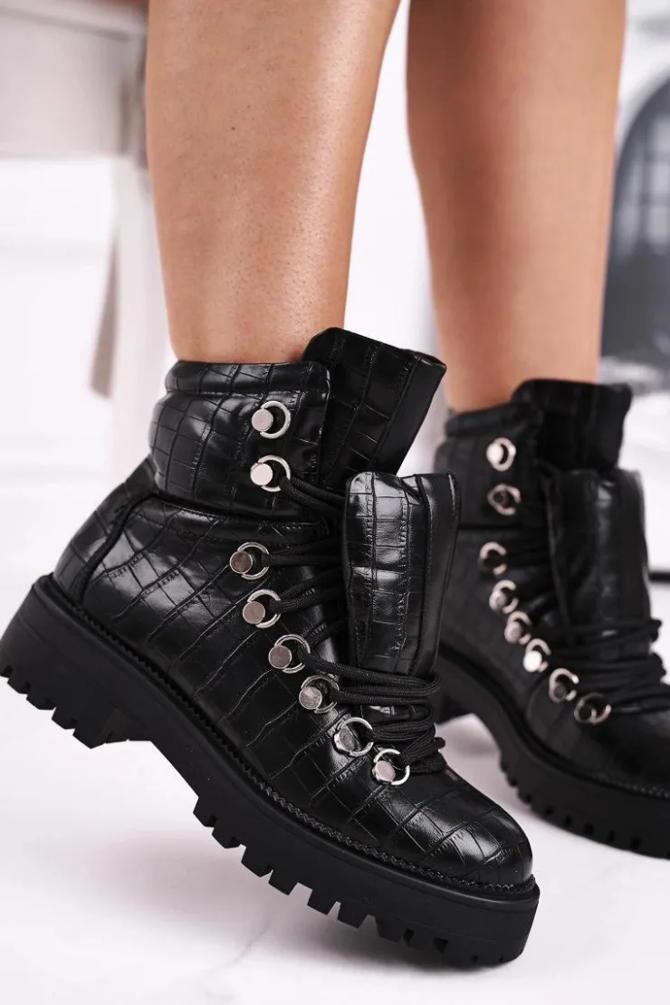 Boto Botki Sznurowane|Czarne Botki*Botki Damskie Płaskie z Językiem Czarne Passa