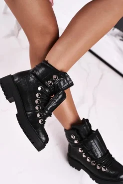 Boto Botki Sznurowane|Czarne Botki*Botki Damskie Płaskie z Językiem Czarne Passa