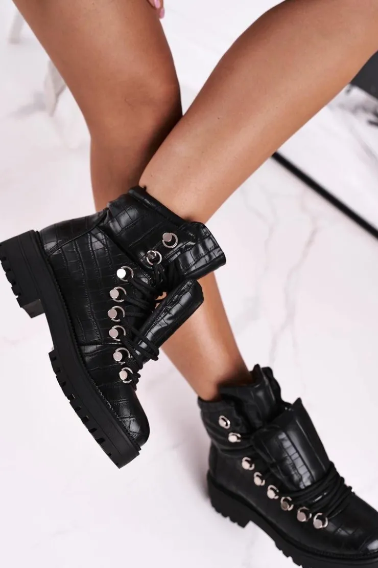 Boto Botki Sznurowane|Czarne Botki*Botki Damskie Płaskie z Językiem Czarne Passa