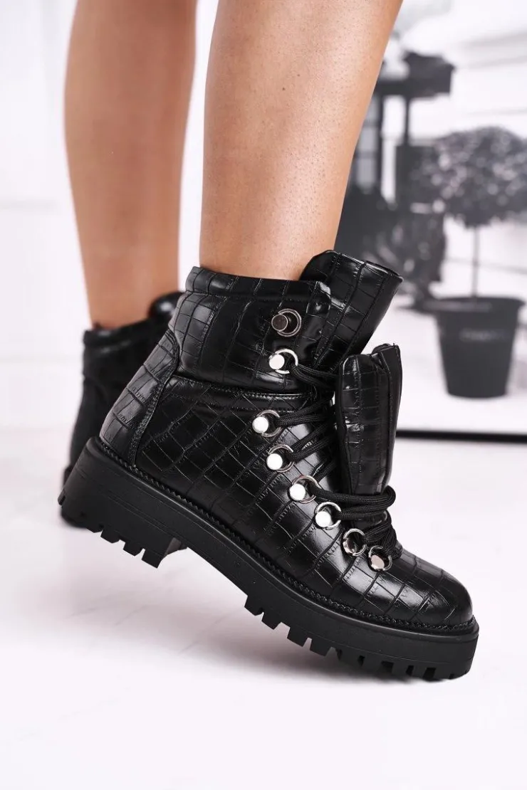 Boto Botki Sznurowane|Czarne Botki*Botki Damskie Płaskie z Językiem Czarne Passa