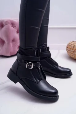 Hot Boto Botki Damskie Płaskie z Kryształkami Klamra Czarne Denovio