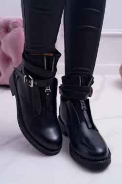 Hot Boto Botki Damskie Płaskie z Kryształkami Klamra Czarne Denovio