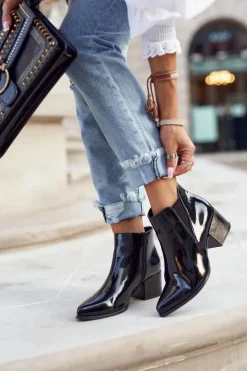 Damskie Buty Sergio Leone Botki Damskie Sergio Leone Sztyblety Lakierowane Czarne BT621