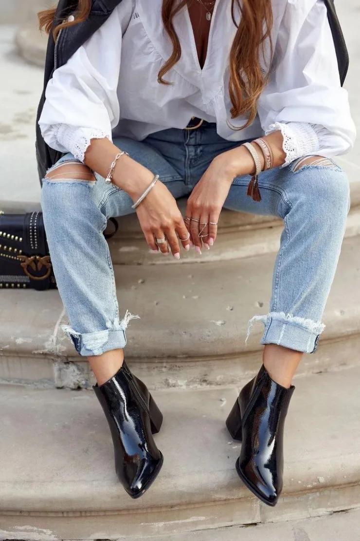 Damskie Buty Sergio Leone Botki Damskie Sergio Leone Sztyblety Lakierowane Czarne BT621