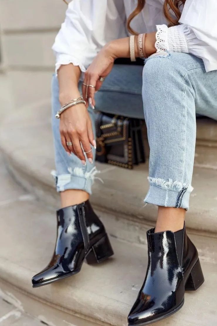 Damskie Buty Sergio Leone Botki Damskie Sergio Leone Sztyblety Lakierowane Czarne BT621