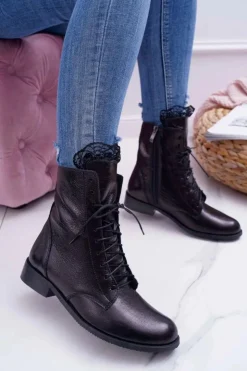 Boto Botki Sznurowane|Botki Zimowe Damskie*Botki Damskie Skóra Naturalna Nicole Czarne 2193