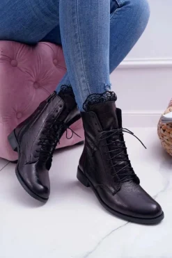 Boto Botki Sznurowane|Botki Zimowe Damskie*Botki Damskie Skóra Naturalna Nicole Czarne 2193