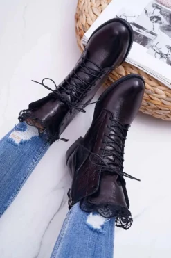 Boto Botki Sznurowane|Botki Zimowe Damskie*Botki Damskie Skóra Naturalna Nicole Czarne 2193