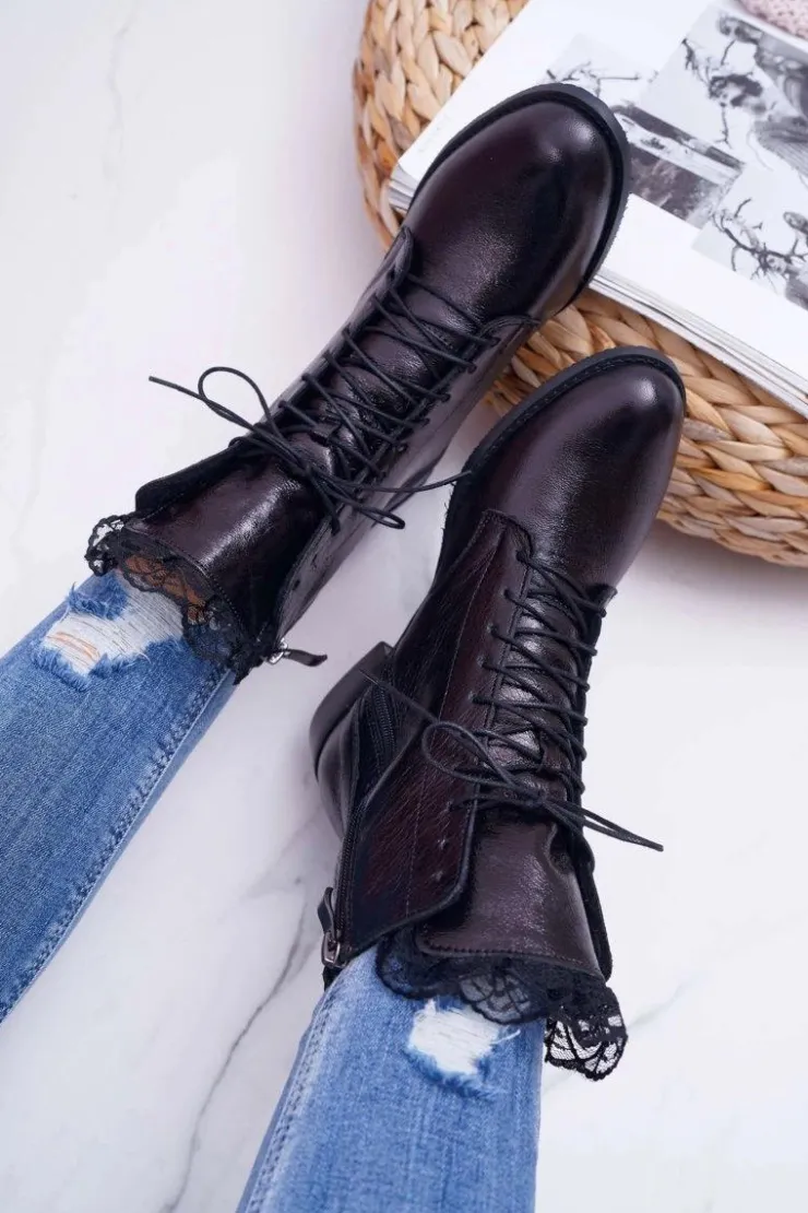 Boto Botki Sznurowane|Botki Zimowe Damskie*Botki Damskie Skóra Naturalna Nicole Czarne 2193