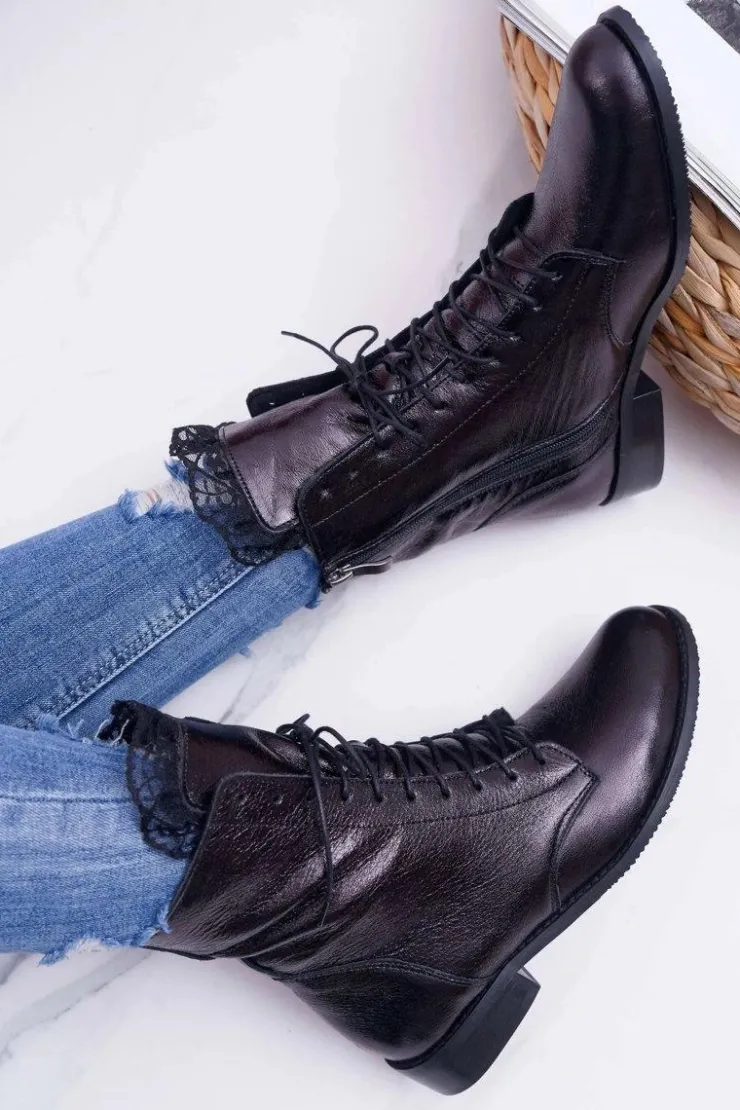 Boto Botki Sznurowane|Botki Zimowe Damskie*Botki Damskie Skóra Naturalna Nicole Czarne 2193