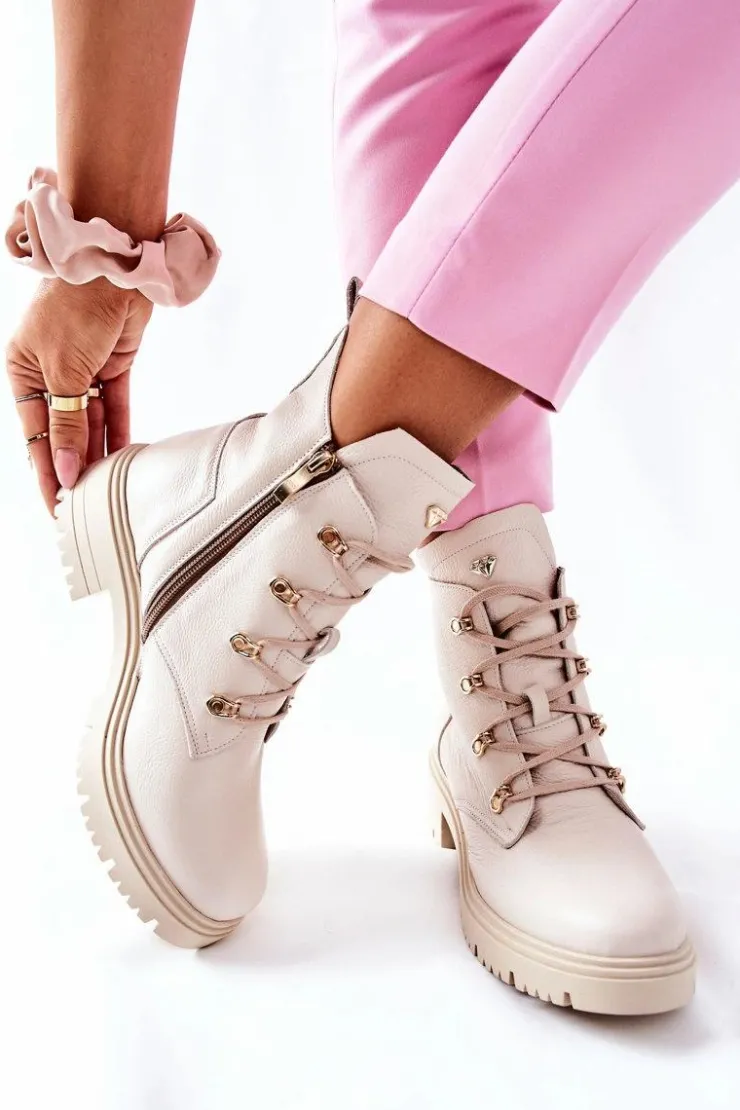 Online Boto Botki Damskie Skórzane Beżowe Nicole 2674