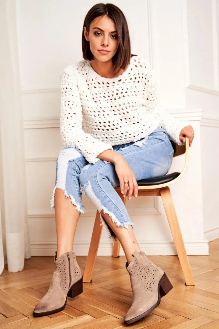 Hot Damskie buty S.Barski Botki Damskie Skórzane Beżowe Barski 12622-21