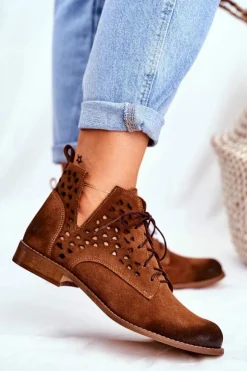 Boto Botki Wiosenne|Brązowe I Beżowe Botki*Botki Damskie Skórzane Camel Low Meridan