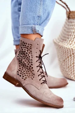 Boto Botki Wiosenne|Brązowe I Beżowe Botki*Botki Damskie Skórzane Cappucino Meridan