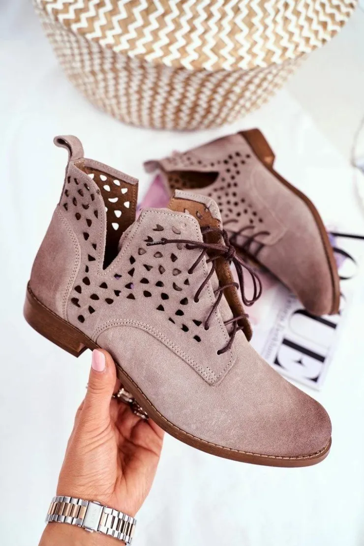 Online Boto Botki Damskie Skórzane Cappucino Low Meridan