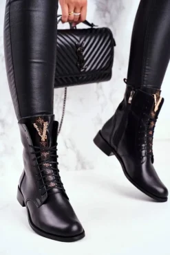 Damskie Boto Botki Damskie Skórzane Czarne Nicole 2593