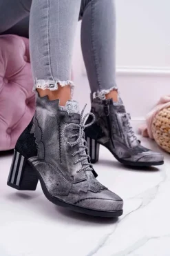 Damskie Maciejka Botki Damskie Skórzane Szare 03190