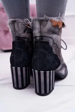 Damskie Maciejka Botki Damskie Skórzane Szare 03190