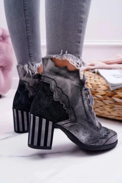 Damskie Maciejka Botki Damskie Skórzane Szare 03190