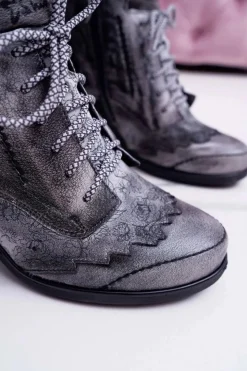 Damskie Maciejka Botki Damskie Skórzane Szare 03190