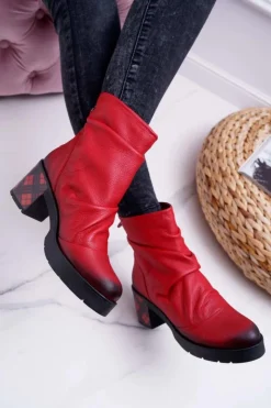 Damskie Maciejka Botki Damskie Skórzane Czerwone 04216-08/00-3