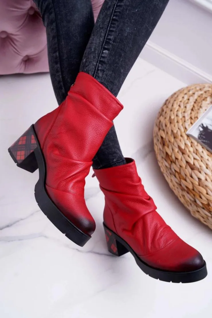 Damskie Maciejka Botki Damskie Skórzane Czerwone 04216-08/00-3