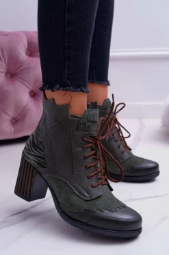 Hot Maciejka Botki Damskie Skórzane Zielone 03190-09