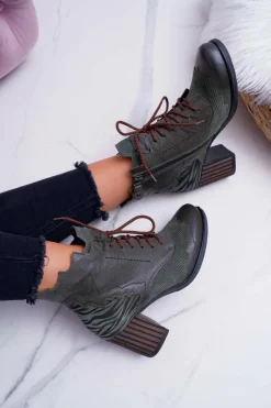 Hot Maciejka Botki Damskie Skórzane Zielone 03190-09