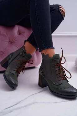 Hot Maciejka Botki Damskie Skórzane Zielone 03190-09