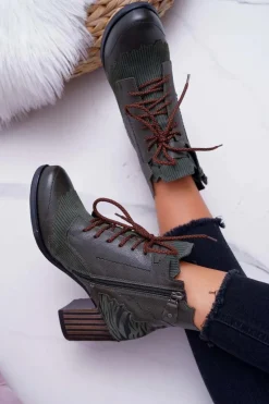 Hot Maciejka Botki Damskie Skórzane Zielone 03190-09