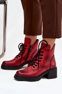 Buty damskie Vinceza Botki Ocieplane|Botki Sznurowane*Botki Damskie Skórzane Na Klocku Ocieplane Vinceza 39950 Czerwone Czerwony