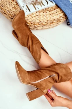 New Laura Messi Botki Damskie Skórzane na Obcasie Camel 2123