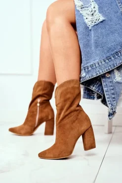 New Laura Messi Botki Damskie Skórzane na Obcasie Camel 2123