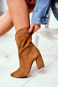 New Laura Messi Botki Damskie Skórzane na Obcasie Camel 2123